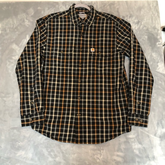 Carhartt Men's Relaxed Fit Button-up Shirt, Black/Orange/Cream Plaid Size M - Picture 2 of 9